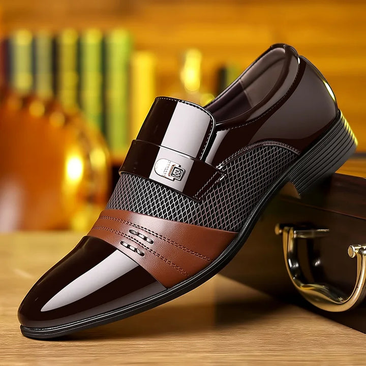 Close-up of the fine leather texture on men's black Italian-style loafers