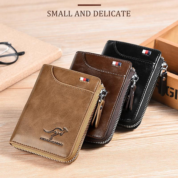Men's black RFID blocking leather wallet, classic bifold design with multiple card slots.
