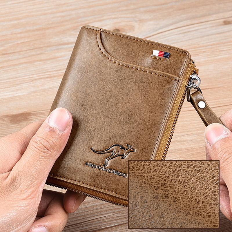 Gents leather wallet with RFID blocking technology, presented in a gift box.