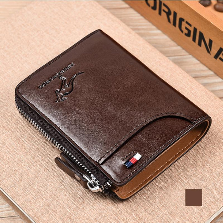 Multi-functional men's RFID blocking wallet, holding cards, cash, and ID securely.