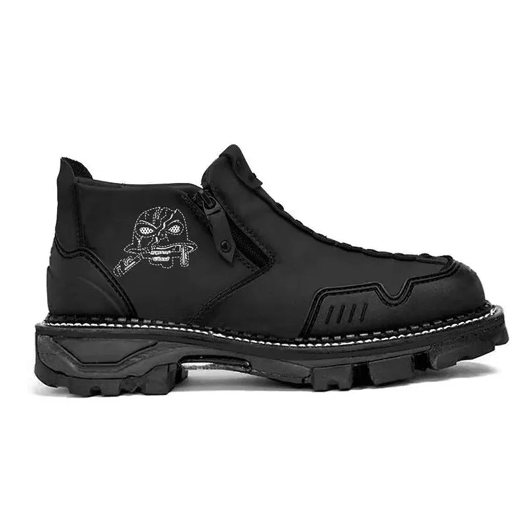 Close-up of men's tactical combat boots with side zipper, showcasing durable construction
