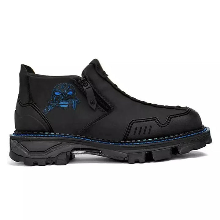 Red skull ankle boots for men, offering bold style. Features lace-up front, side zipper, and everyday comfort.