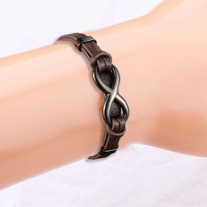 Gift for him: a classic men's braided leather bracelet with durable stainless steel highlights.