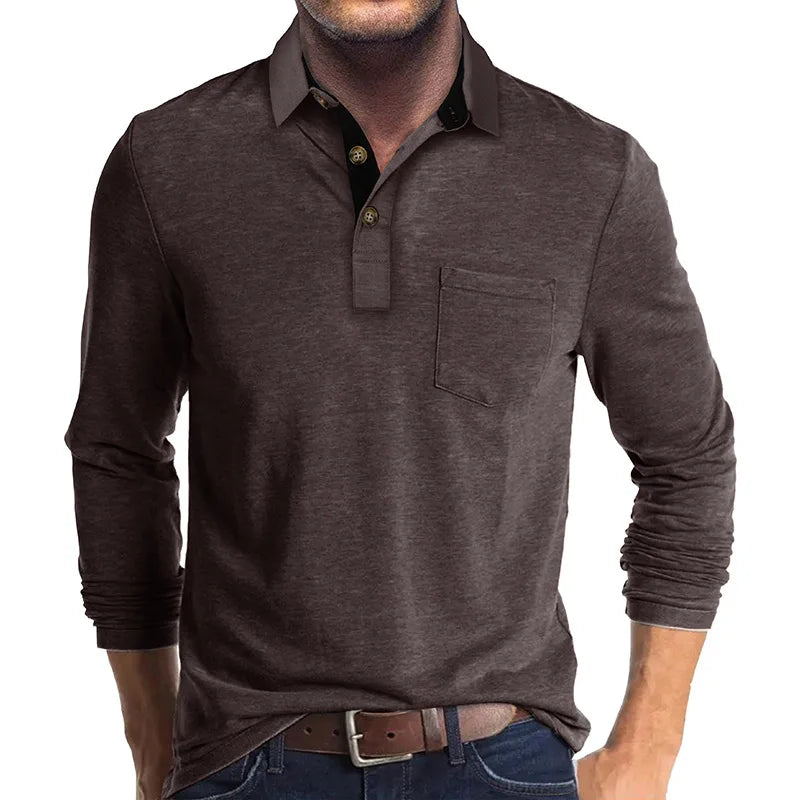 Detail of the breathable fabric on a men's long sleeve polo, offering comfort & versatile style.