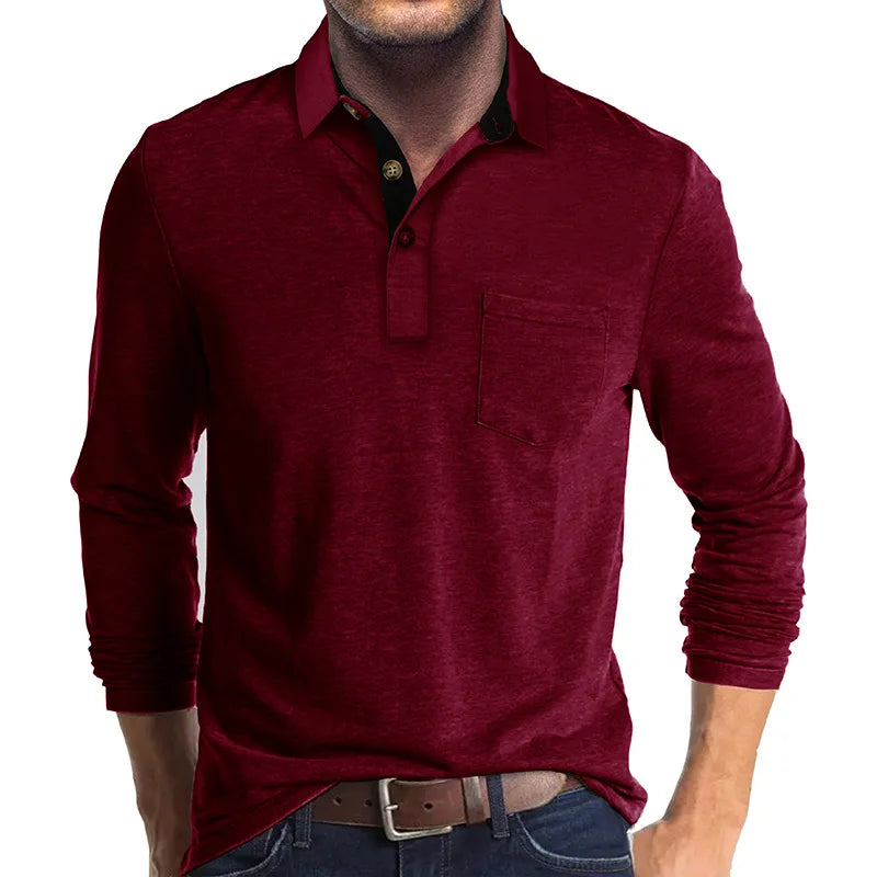Side view of a man wearing a breathable long sleeve polo, demonstrating its casual & smart look.