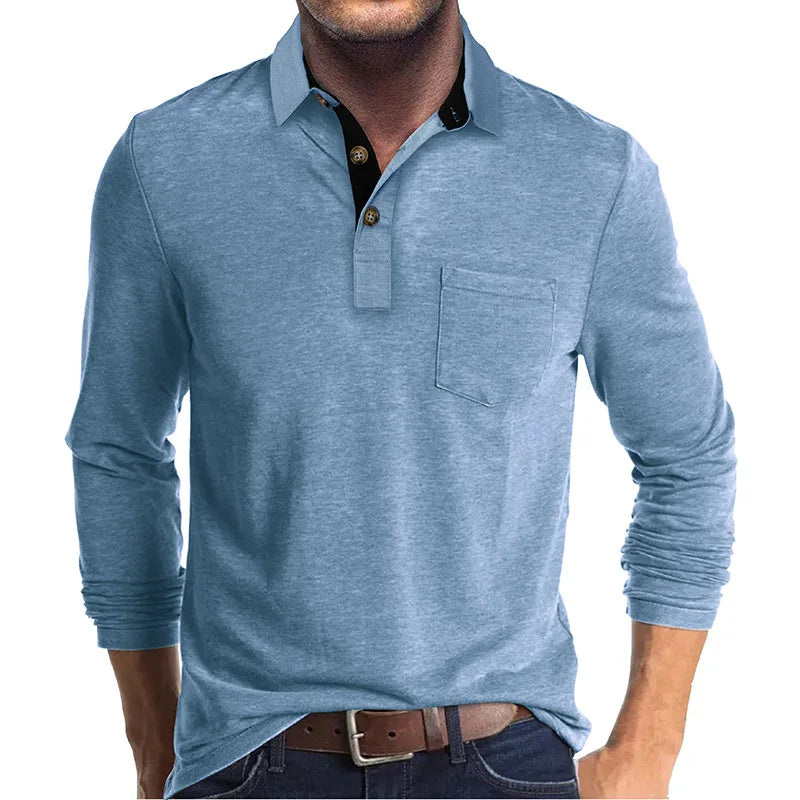 Smart casual men's fashion with a breathable long sleeve collared polo shirt, full-length shot.