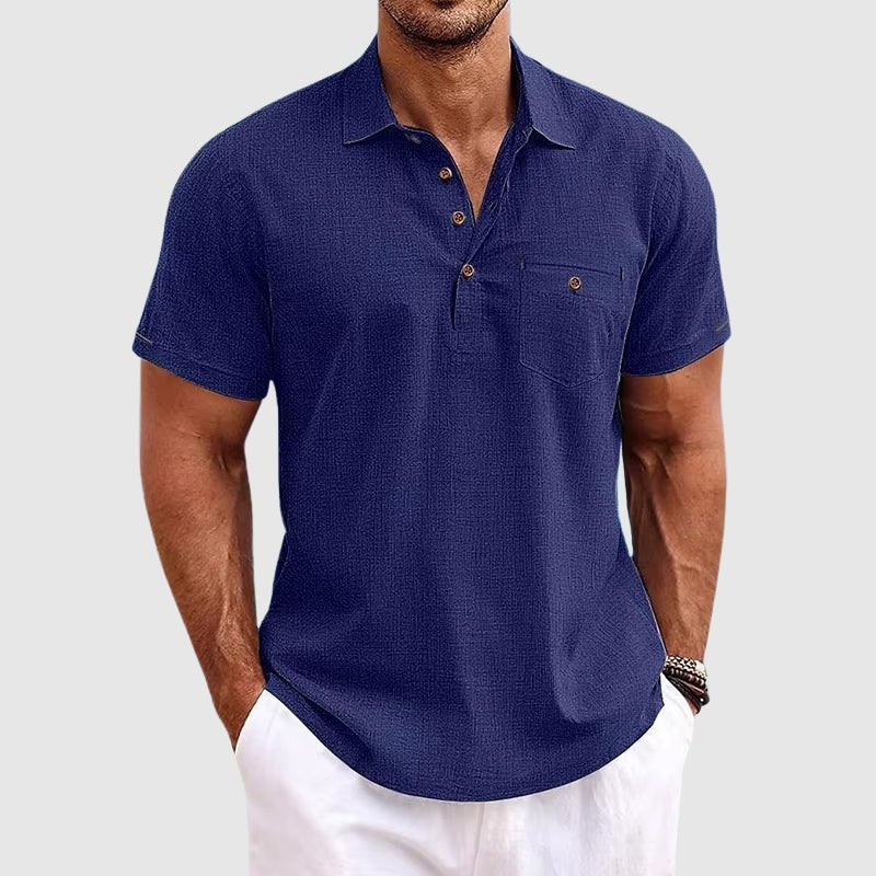 Classic fit men's polo shirt with chest pocket, designed for casual summer wear. Breathable and stylish.