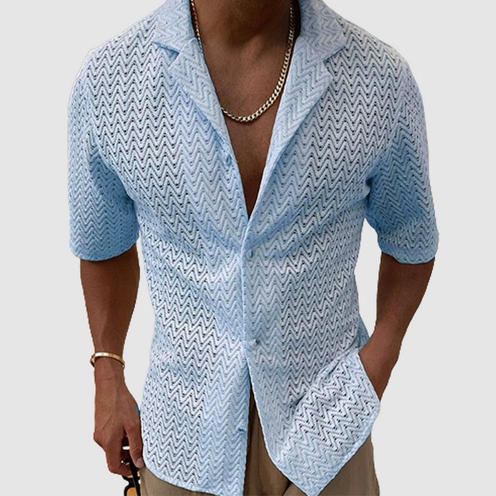Men's breathable short-sleeve casual shirt featuring a unique wave pattern, perfect for summer fashion.