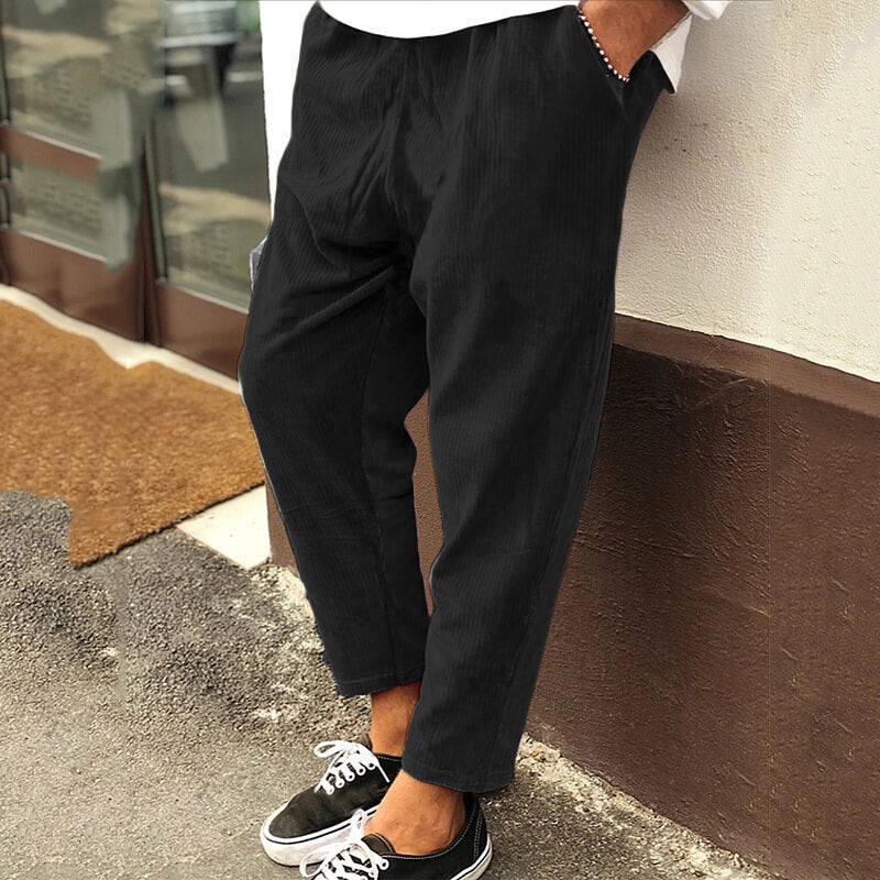 Full shot of men's casual corduroy pants, a comfortable & fashionable menswear staple