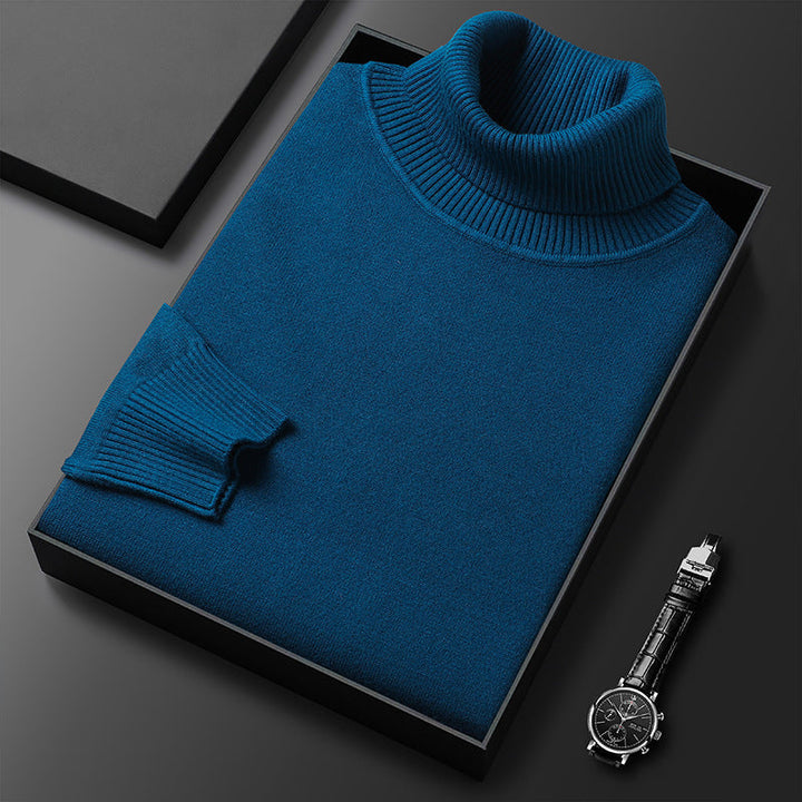 Back view of a men's casual knit turtleneck sweater, demonstrating the fit and long sleeve comfort for spring.