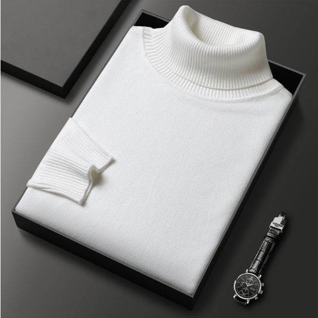 Close-up on the cuff of a men's long sleeve turtleneck sweater, highlighting the knit detail for spring.