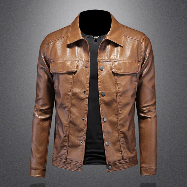 Men's casual button-up jacket, dark navy, collared, perfect for fall and spring fashion.