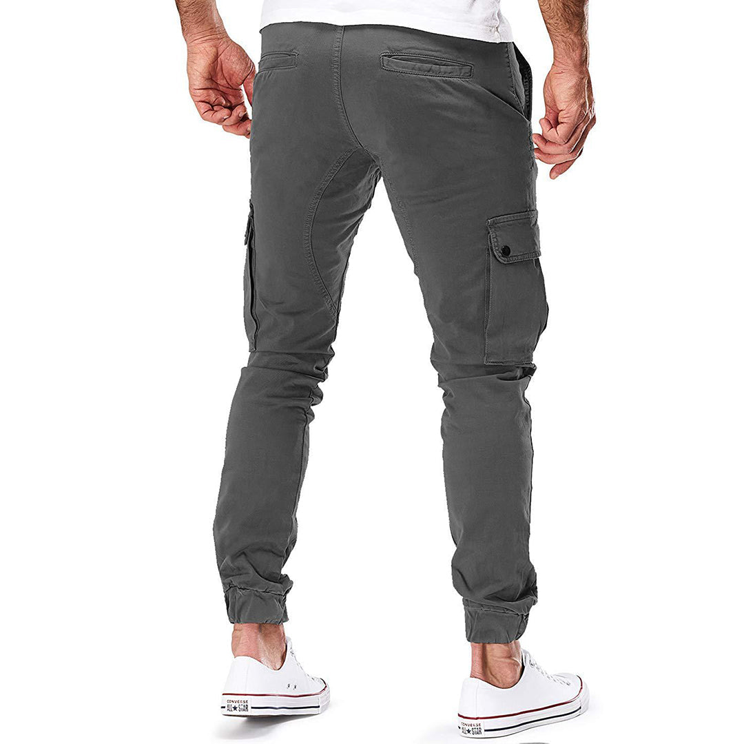 Khaki men's cargo pants made for everyday wear, featuring durable fabric and spacious side pockets.