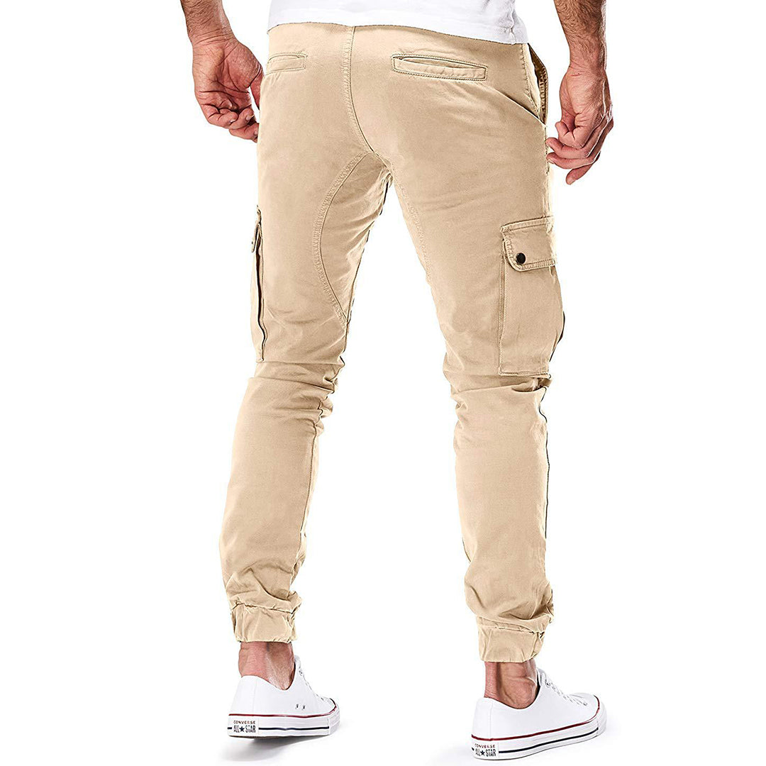 Full-length view of men's fashion cargo pants, demonstrating a comfortable, relaxed fit and sturdy construction.