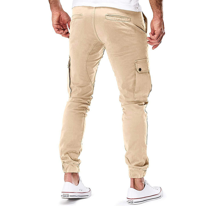 Full-length view of men's fashion cargo pants, demonstrating a comfortable, relaxed fit and sturdy construction.