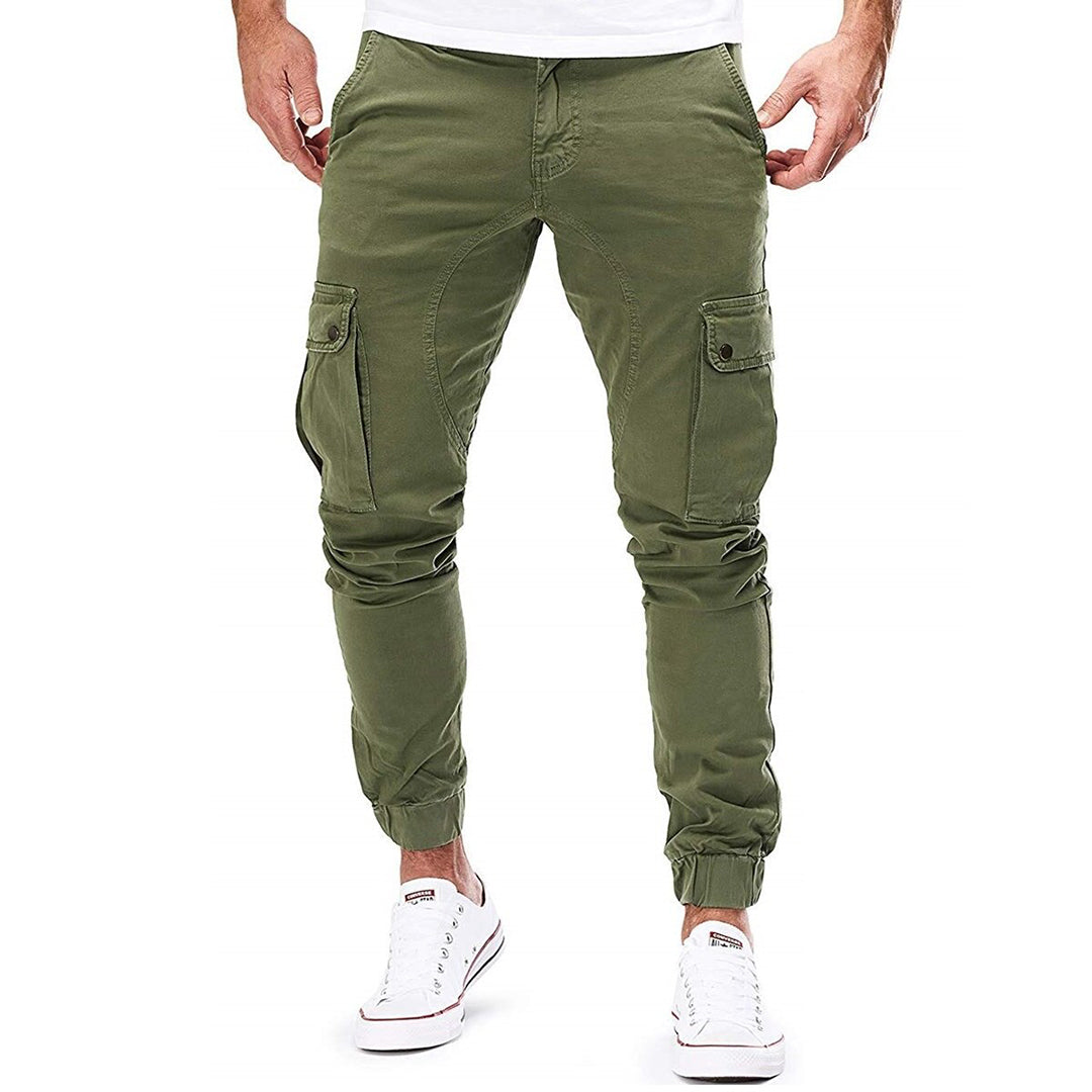 Grey men's casual trousers with prominent cargo pockets, ideal for a practical yet stylish look.