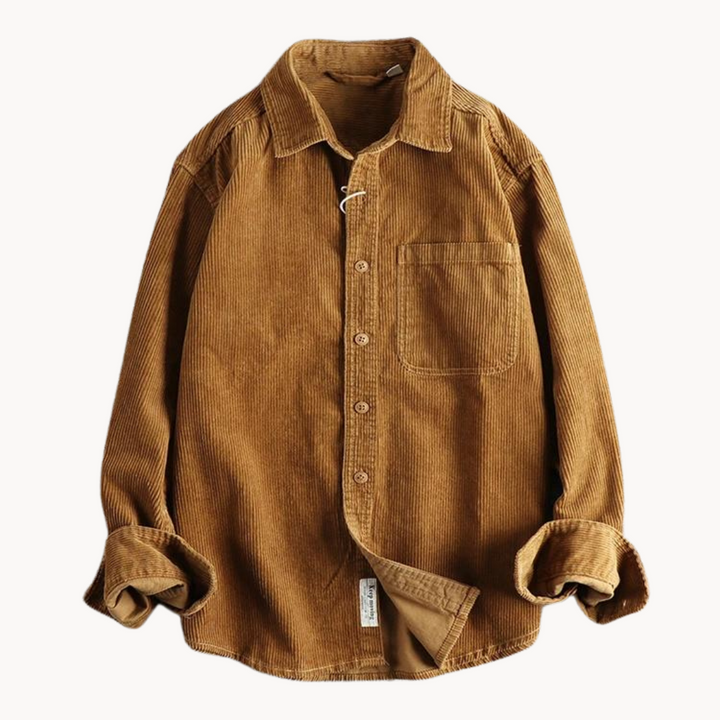 Close-up of the collar and placket on a men's casual long sleeve corduroy shirt, autumn wear