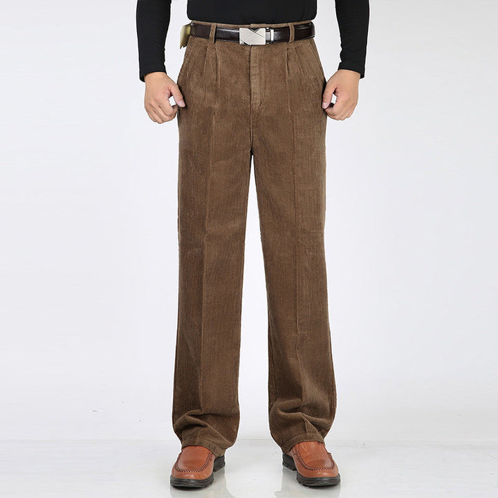 Relaxed fit men's casual pants featuring elegant pleats and a high-waisted cut.