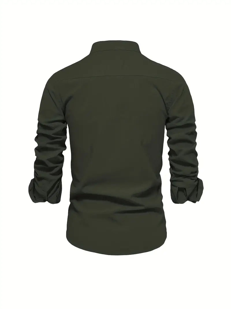 Stack of men's casual button-down shirts in various spring colors, versatile options.
