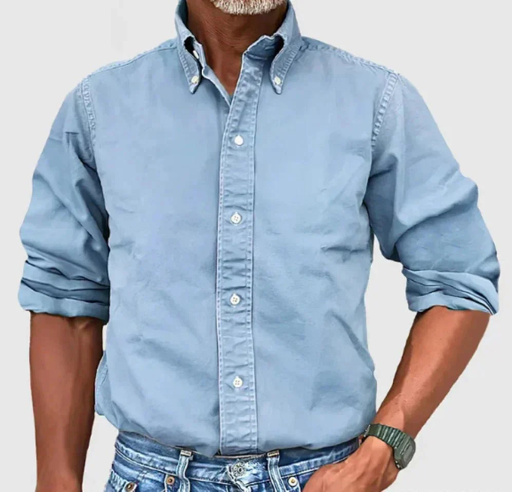 Pink men's long sleeve button-up casual shirt, adding a pop of color to outfits
