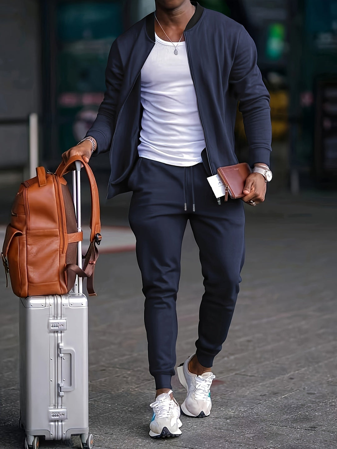 Dark grey men's tracksuit set with a full-zip jacket and comfortable jogger pants for travel or casual wear.