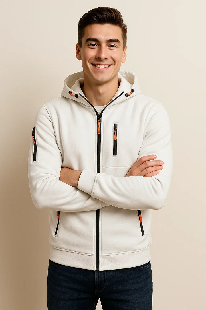 Men's casual zip-front hoodie in grey, full view, showcasing pockets and comfortable athleisure style.