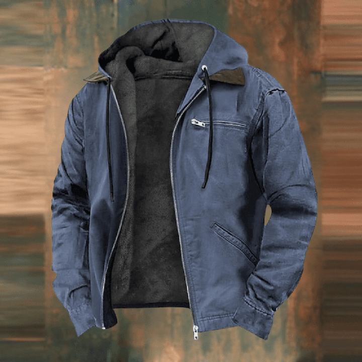 Back view of a comfortable men's hooded jacket, suitable for various casual occasions
