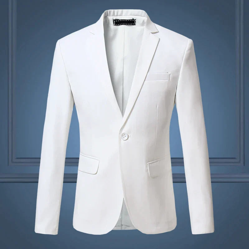 Close-up of a men's classic one-button tailored blazer, highlighting the fabric and lapel detail.