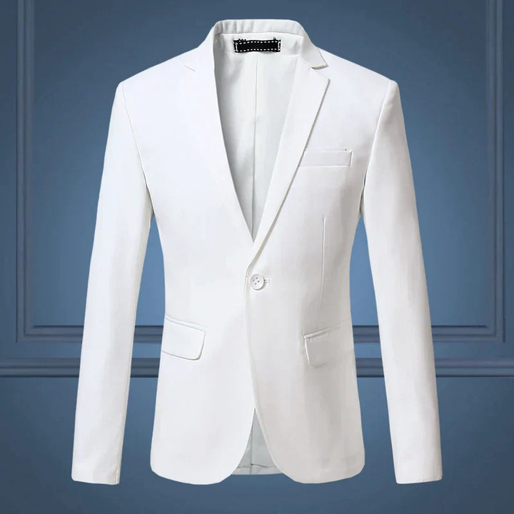 Close-up of a men's classic one-button tailored blazer, highlighting the fabric and lapel detail.