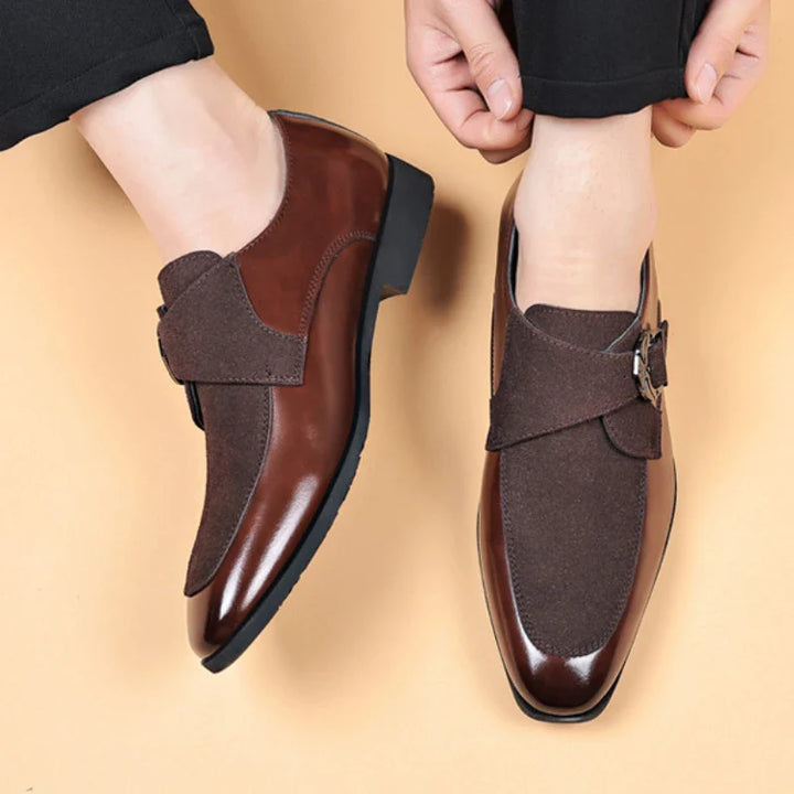 Front view of black suede buckle loafers for men, showcasing the sleek design and quality craftsmanship.