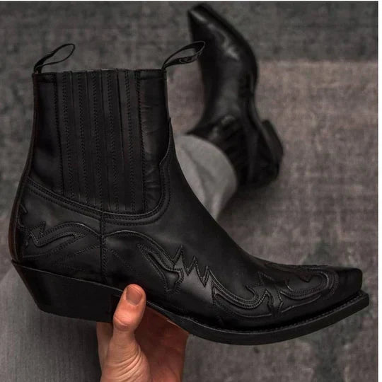 Men's classic brown leather cowboy boots with intricate stitching, pointed toe, and stacked heel.