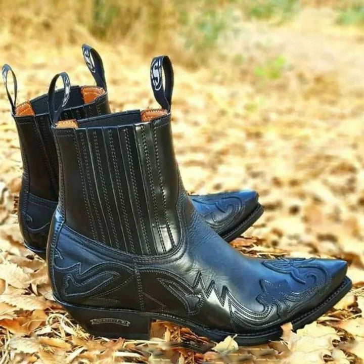 Durable men's cowboy boots with a traditional design, featuring a pointed toe and quality leather.