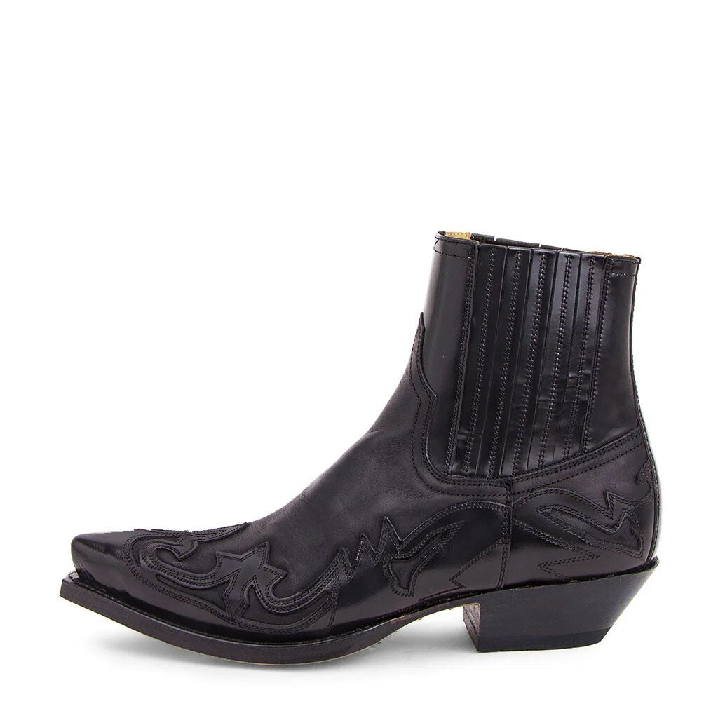 Close-up of men's classic leather Western boots showcasing detailed stitching and a stacked Cuban heel.
