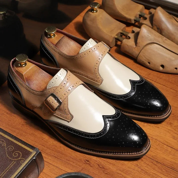 Classic black monk strap brogue shoes for men, featuring a double buckle closure