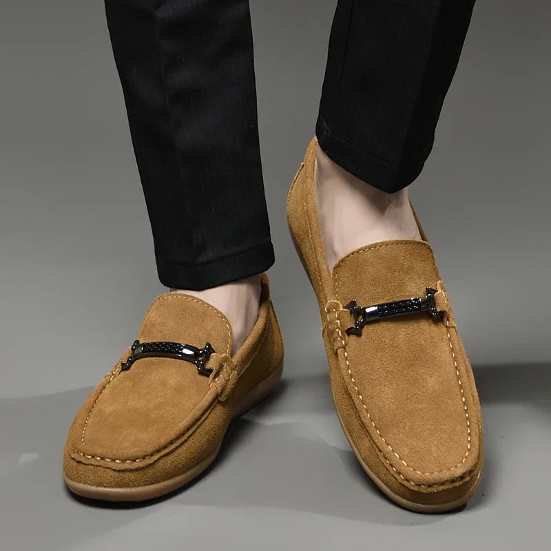 Stylish men's olive green suede loafers, designed for ultimate comfort and a modern casual look
