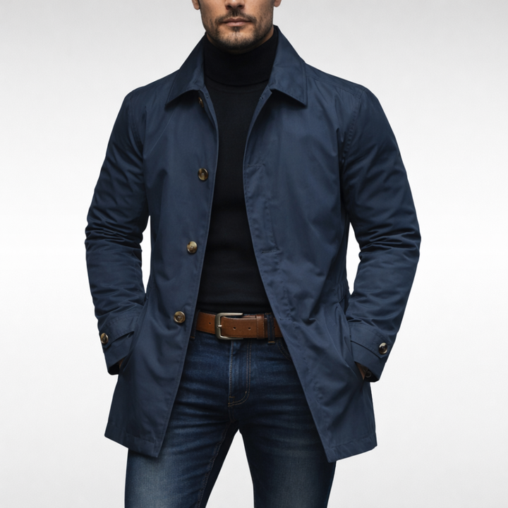 Timeless men's classic car coat jacket offering all-season comfort & sophisticated style.