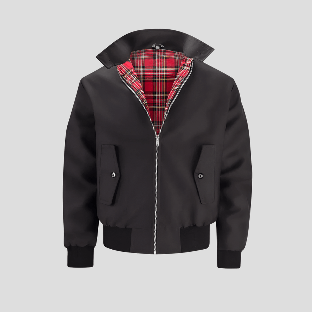 Close-up of a men's bomber jacket showing a stylish checked lining and modern fit for casual wear
