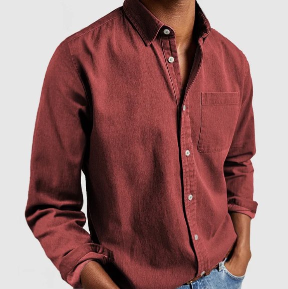 Men's classic denim button-down shirt styled for a relaxed, long sleeve casual fashion look.