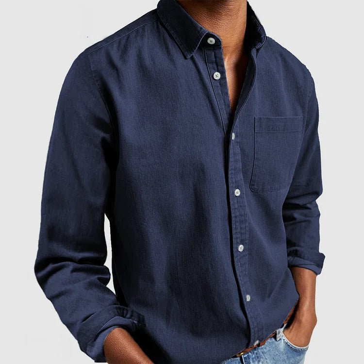 Versatile men's denim long sleeve button-down shirt, ideal for casual fashion and various outfits.