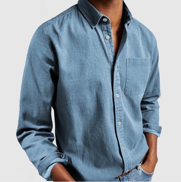 Comfortable men's long sleeve denim shirt, a classic button-down top for casual and everyday style.