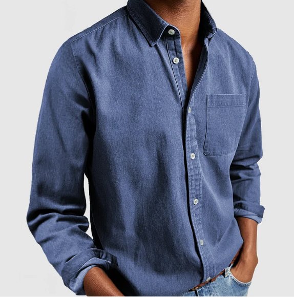 Durable men's long sleeve denim shirt, featuring a classic button-down design for casual wear.