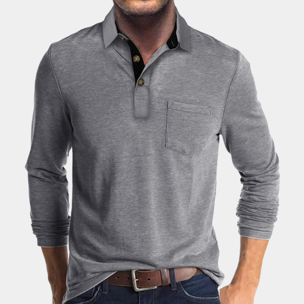 Men's everyday classic fit long sleeve polo with chest pocket. Comfortable & stylish for casual wear.