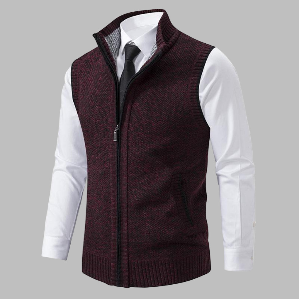Modern men's zip-up waistcoat, a classic sleeveless jacket designed for business attire and smart casual elegance.