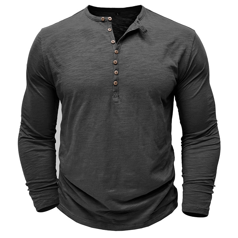 Breathable men's long-sleeve henley, suitable for year-round wear.