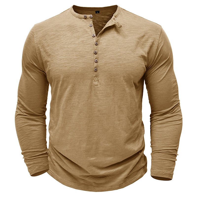 Close-up of the button placket on a men's classic long-sleeve henley shirt.