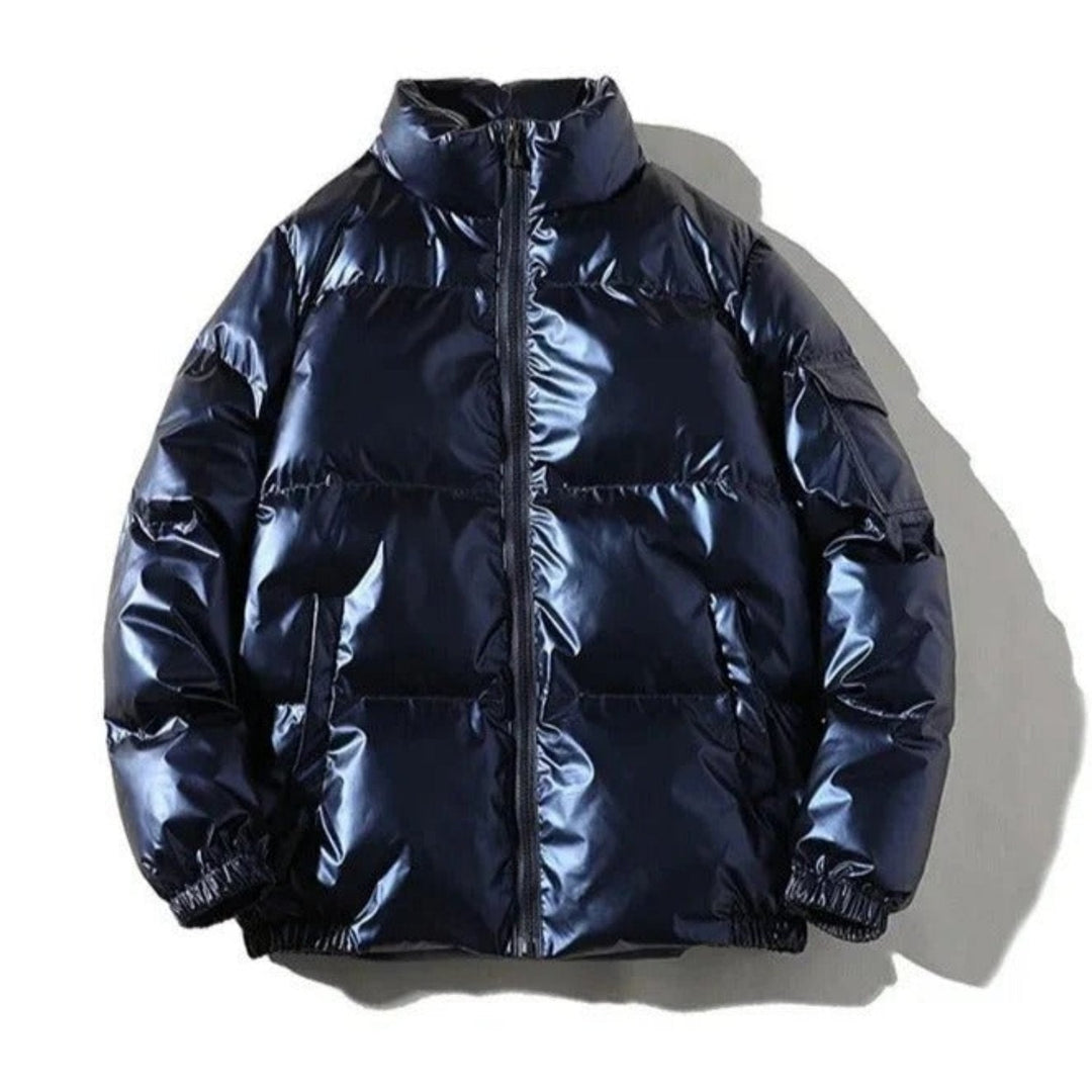 Close-up of the shiny fabric on a men's classic puffer jacket, highlighting the quilted texture and warmth.