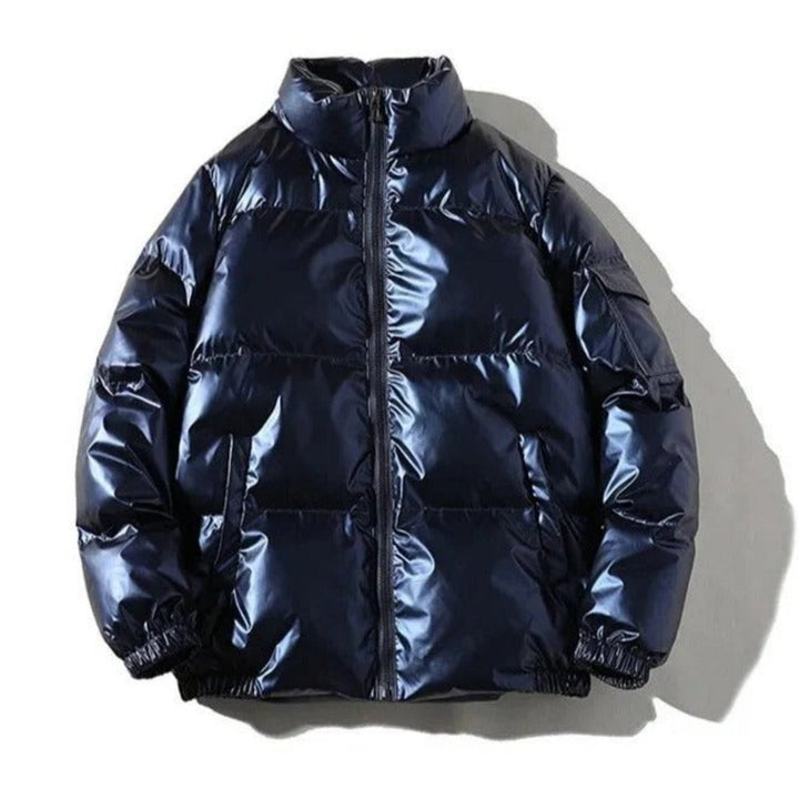 Close-up of the shiny fabric on a men's classic puffer jacket, highlighting the quilted texture and warmth.