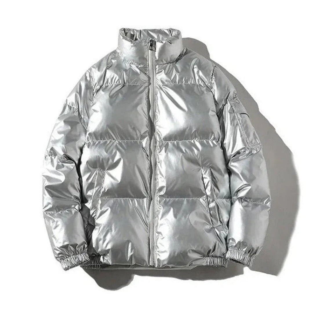 Full-body shot of a man wearing a classic shiny black puffer jacket, perfect for cold weather and stylish streetwear.
