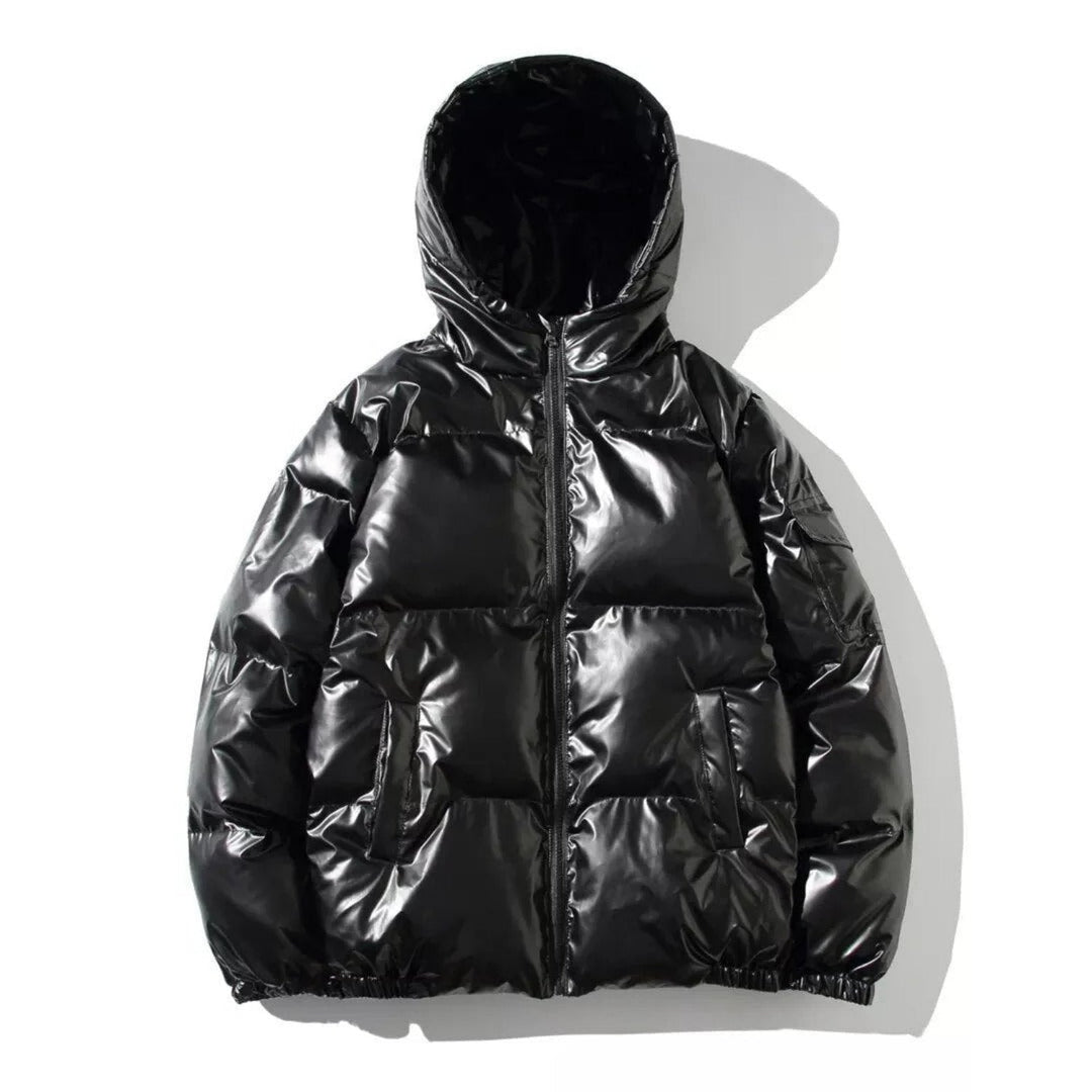 Detail shot of the zipper and collar of a men's classic shiny puffer jacket, a key feature for extreme cold.