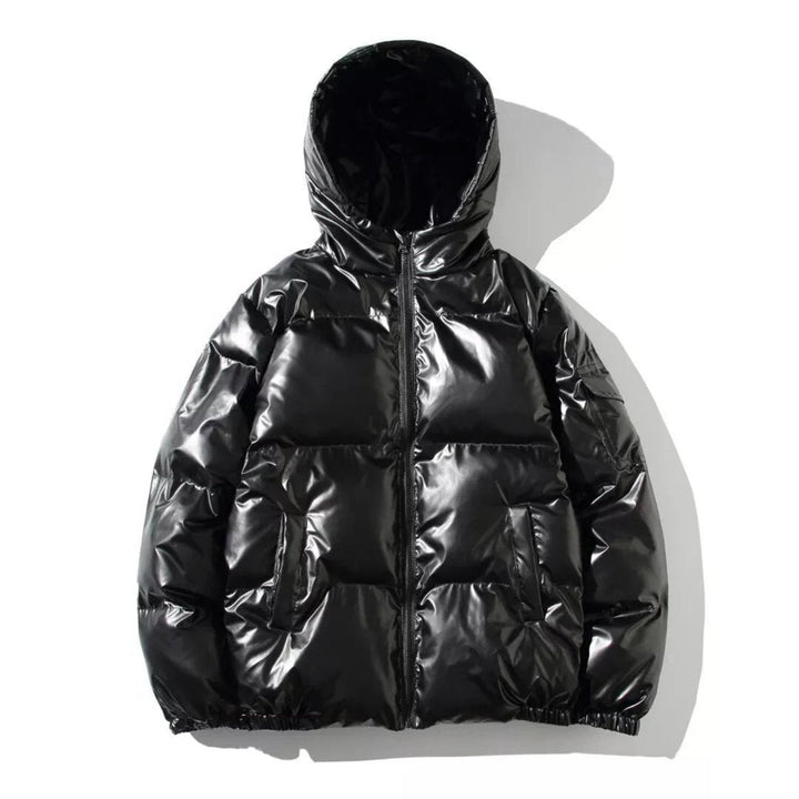 Detail shot of the zipper and collar of a men's classic shiny puffer jacket, a key feature for extreme cold.